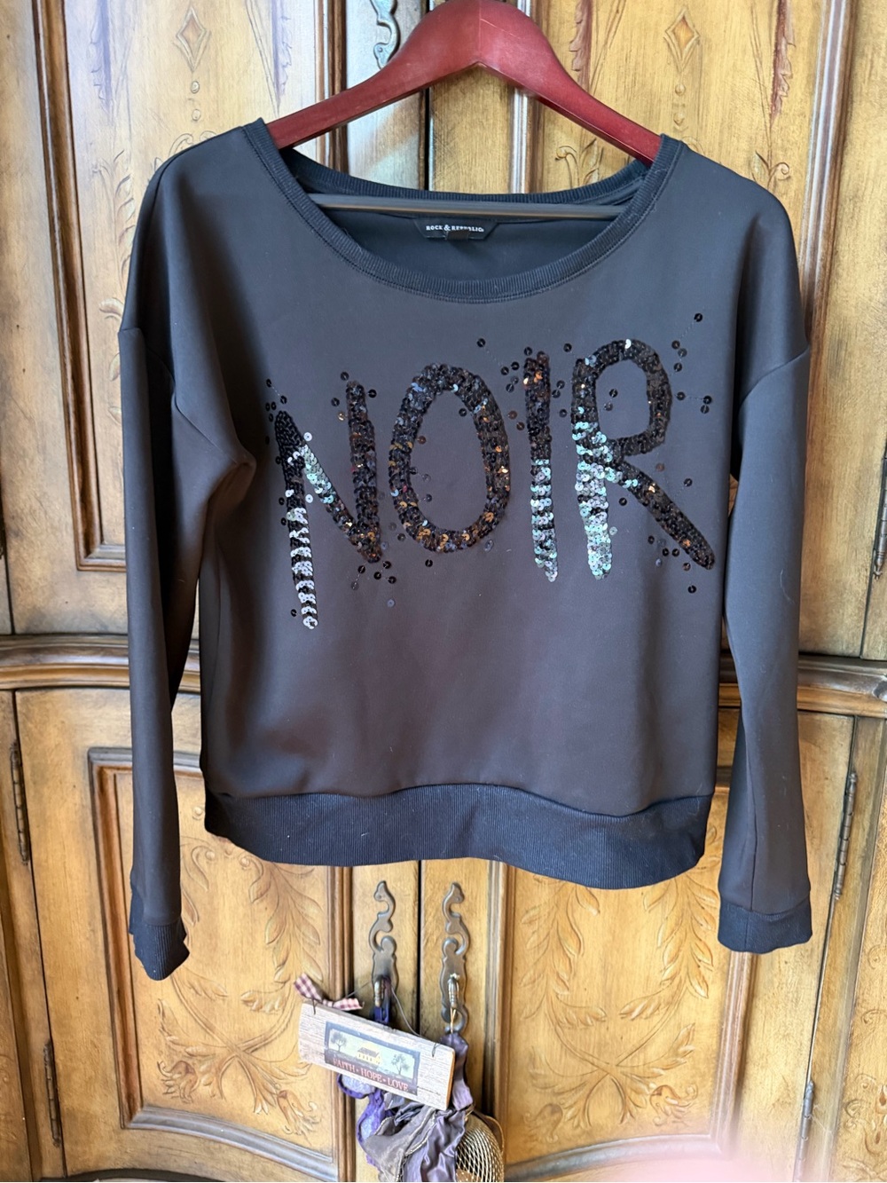 Rock & Republic Black Sequin 'NOIR' Logo Sweatshirt